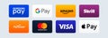 Kiev, Ukraine - March 30, 2021: Payment system logos: Apple Pay, Google Pat, Mastercard, Visa, Samsung, Amazon, Skrill, Payoneer.