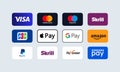 Kiev, Ukraine - March 30, 2021: Payment system logos: PayPal, Maestro, JCB, Apple Pay, Google Pat, Mastercard, Visa, Samsung,