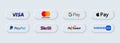 Kiev, Ukraine - March 30, 2021: Payment system logos: PayPal, Mastercard, Skrill, Payoneer, Visa, Amazon pay, Apple pay, Google