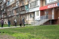 KIEV, Ukraine - March 18 ,2020: Queue in a pharmacy in Ukraine. People stand apart from each other