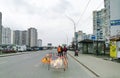 Roadworks and road signs on the road in Kiev