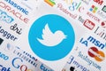 KIEV, UKRAINE - MARCH 10, 2017: Twitter, instagram, youtube, google, pinterest logotype printed on paper. Mock up. Top view Royalty Free Stock Photo