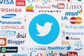 KIEV, UKRAINE - MARCH 10, 2017: Twitter, instagram, youtube, google, pinterest logotype printed on paper. Mock up. Top view Royalty Free Stock Photo