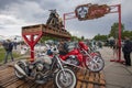 KIEV, UKRAINE - MAY 10, 2019: Tricycle biker motorcycles at the exhibition of retro cars