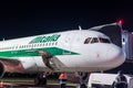 KIEV, UKRAINE - MAY 2: Close view of Alitalia aircraft fuselage near the entering baggage door, at night. May 2, 2017. Royalty Free Stock Photo