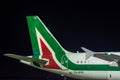 KIEV, UKRAINE - MAY 2: Close view of Alitalia aircraft tail, at night. May 2, 2017. Royalty Free Stock Photo