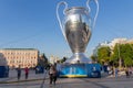 Kiev, Ukraine - May 24, 2018: Fans near the giant layout of the UEFA Champions League Cup