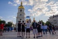 Kiev, Ukraine - May 24, 2018: Fans near the giant layout of the UEFA Champions League Cup