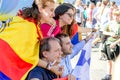 Kiev, Ukraine, May 2018: - Fans of Real Madrid make a photo before the final match of the Champions League UEFA between Liverpool Royalty Free Stock Photo