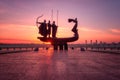 Kiev, Ukraine - May 05, 2018: Founders of Kyiv Kiev monument at sunrise, beautiful city view with rising sun and fiery sky Royalty Free Stock Photo