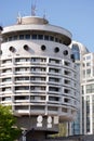 Kiev Ukraine - May 05, 2023. Hotel Salut in the center of Kyiv. Was built in 1984. Futurism style architecture of the