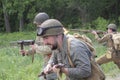 Kiev, Ukraine - May 09, 2018: Men in the form of American soldiers instigate a battle during historical reconstruction Royalty Free Stock Photo