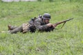 Kiev, Ukraine - May 9, 2019: Men in the form of Wehrmacht soldiers during a battle showdown at the festival