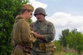 Kiev, Ukraine - May 9, 2018: Mens in the uniform of soldiers of the Soviet American army of the Second World War