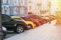 Kiev, Ukraine ÃÂ¢Ã¢âÂ¬Ã¢â¬Å 09 May, 2018: Parked cars on the city street with sunlight. Parking in the old town