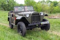 Kiev, Ukraine - May 9, 2018: Reconstructors on the Soviet-made off-road vehicle GAZ-67 Royalty Free Stock Photo