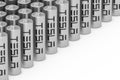 KIEV, UKRAINE - May, 17: Rows of Cylindrical Lithium-Ion Battery with Tesla Logo for Tesla Cars Cells Pack Accumulator. 3d