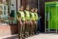 Kiev, Ukraine, May 2018: - Soldiers of the National Guard of Ukraine guarding the order before entering the fan zone before the m