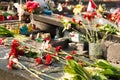KIEV, UKRAINE - May 12, 2014: Ukrainian revolution. Euromaidan.People bringing flowers and candels to places where killed many pe