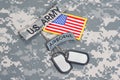 KIEV, UKRAINE - May. 02, US ARMY airborne tab with blank dog tags on camouflage uniform Royalty Free Stock Photo