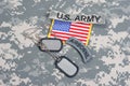 KIEV, UKRAINE - May. 02, US ARMY airborne tab with blank dog tags on camouflage uniform Royalty Free Stock Photo