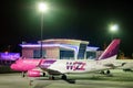 KIEV, UKRAINE - MAY 2: Wizzair Aircraft at Kiev Airport Juliany, night at airport. May 2, 2017.