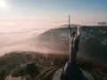 Kiev Ukraine the most popular tourist places to visit The Motherland Monument. Aerial drone photo of huge steel statue