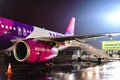 Kiev, Ukraine - November 18, 2017: Airline airlines Wizz Air at night at the airport