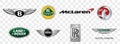 Kiev, Ukraine - November 15, 2020: Collection of British car logos printed on transparent: mclaren, mini, rolls roys