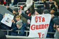 KIEV, UKRAINE - November 29, 2018: Fans and ultras of FC Arsenal with poster support the team during the UEFA Europa League match