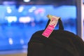 Kiev, Ukraine - November 18, 2017:Hand luggage with a company stamp Wizz Air