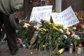 KIEV,UKRAINE - November 14, 2015: People lay flowers at the French Embassy in Kiev in memory of the victims terror attacks in Pari