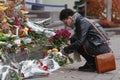 KIEV,UKRAINE - November 14, 2015: People lay flowers at the French Embassy in Kiev in memory of the victims terror attacks in Pari