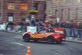 Automobile slalom and drift competitions in the city center, car on the road with cones Royalty Free Stock Photo