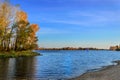 Kiev, Ukraine October 12, 2014. Autumn landscape in sunny day with blue water on the bank of the Dnieper River in Kiev