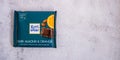 Kiev Ukraine - October 2021 Dark almond and orange taste. Chocolate Ritter Sport bar German chocolate, different tastes