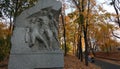 Monument to the football players of Dynamo Kyiv at the entrance to the Mariinsky Park. Autumn day