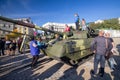 Kiev, Ukraine - October 14, 2018: People visiting the exhibition of military equipment on Mikhailovskaya Square