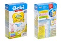 KIEV, UKRAINE - September 25, 2019: Bebi Premium baby milk porridge. Wheat, apple, banana, 250 g. Two foreshortenings in the photo