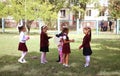 Kiev Ukraine 1 September 2018.Happy Primary school pupils play in the schoolyard. Break. Children and education