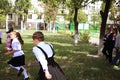 Kiev Ukraine 1 September 2018.Happy Primary school pupils play in the schoolyard. Break. Children and education
