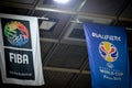 KIEV, UKRAINE - September 14, 2018: Logo and amblem FIBA Basketball World Cup 2019 during the FIBA Basketball World Cup 2019 Euro