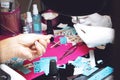 Kiev, Ukraine 19 September, 2018: nail sticker, wraps procedure. How to Apply Nail Stickers. Beauty salon, manicure, woman and