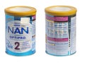 KIEV, UKRAINE - September 25, 2019: Nestle NAN 2 OPTIPRO infant formula. Tin cans in two angles