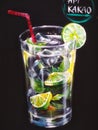 KIEV, UKRAINE - September 01, 2019: a photographed image of mojito in a glass drawn by a chalk artist on a black chalk board for a