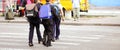 Kiev Ukraine 1 September 2018.Schoolchildren with backpacks cross the road, go along a pedestrian crossing where there is a road Royalty Free Stock Photo