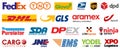 Kiev, Ukraine - September 19, 2020: Set popular delivery courier services icons, logo company: Fedex, TNT, Glovo, DHL, UPS, USPS, Royalty Free Stock Photo