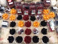 Kiev, Ukraine - September 07, 2020: Showcase with fresh fruits packed in plastic containers. Natural food