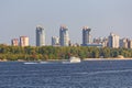 Kiev, Ukraine - September 18, 2015: Tourist boat athletes and water scooters along the Dnieper