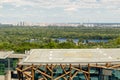 Kiev, Ukraine, 8th of June 2017. View of helipad on a rooftop of CEC PARKOVY building in a city park with panoramic Kiev view on t